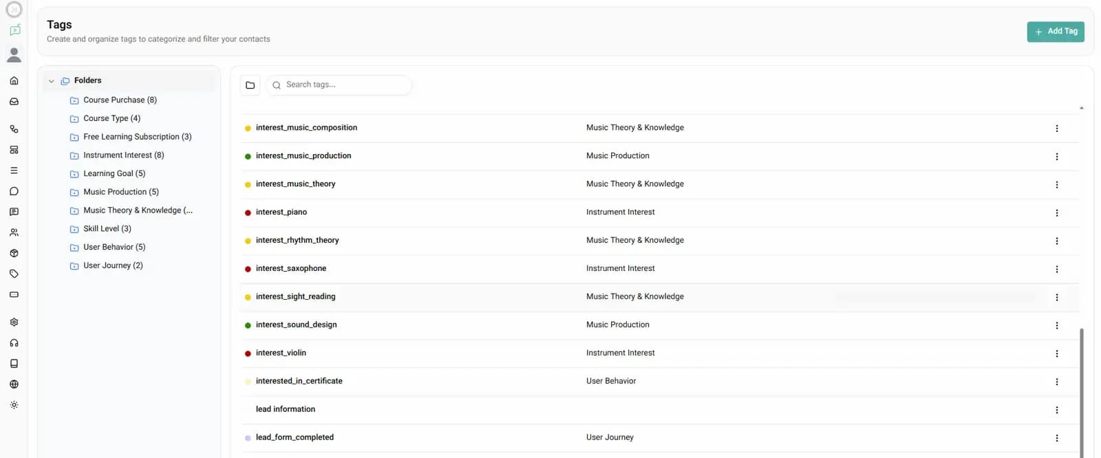 Instagram automation tags used for contact segmentation, lead tracking, and audience organization in Elpidan