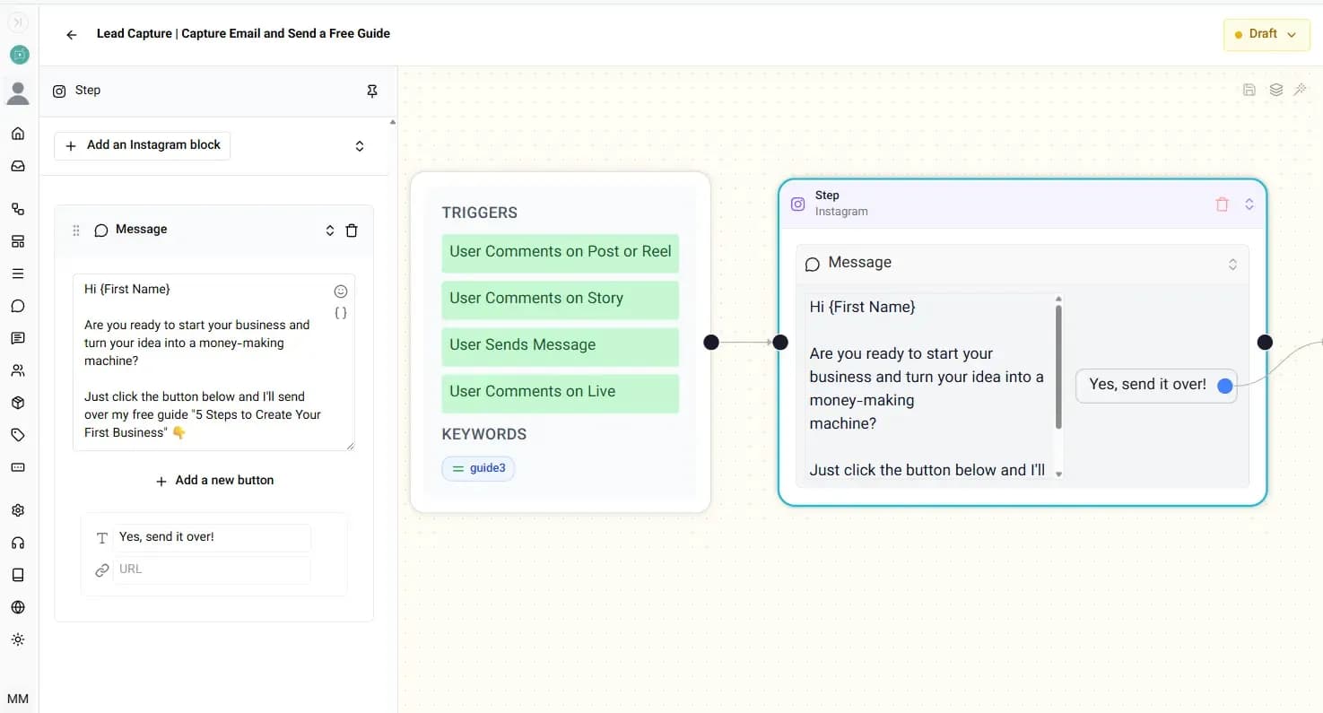 First DM message setup in Elpidan for Instagram email collection automation