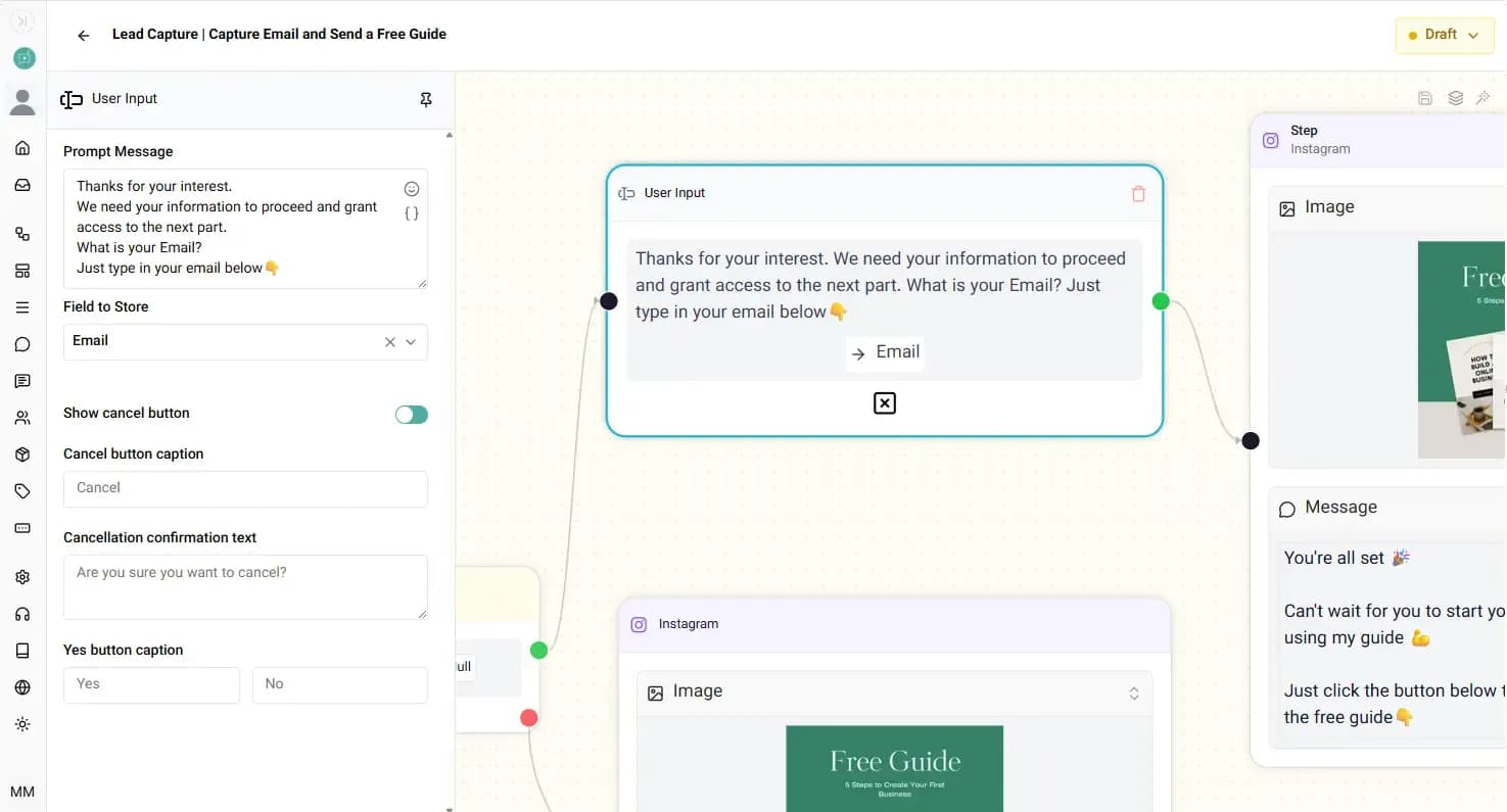 Elpidan User Input node asking for an email inside an Instagram DM flow