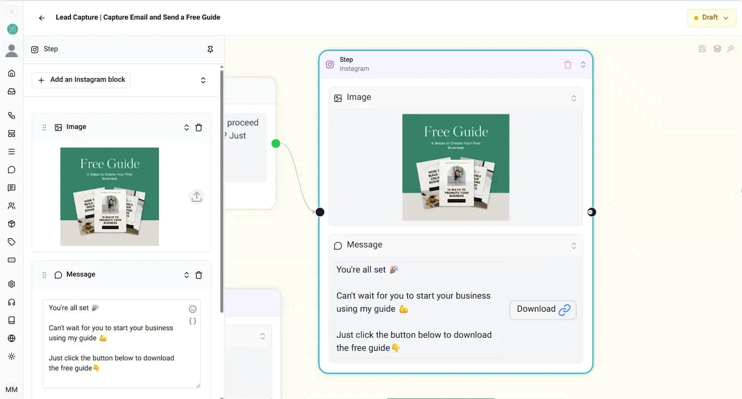 Elpidan Instagram DM flow delivering a free guide after email capture