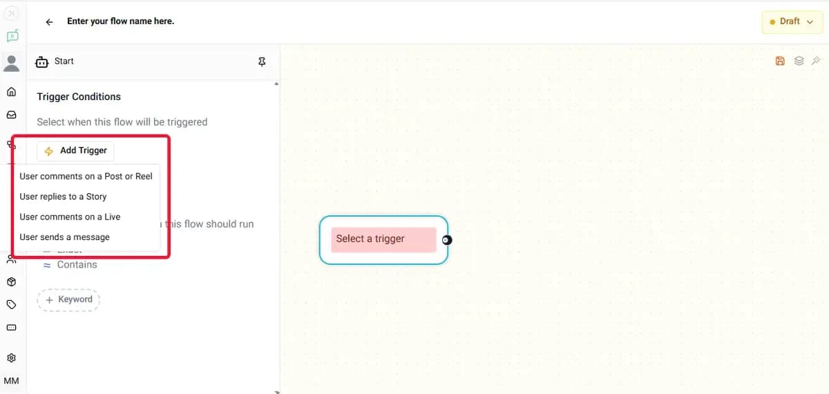 Instagram automation trigger setup with Trigger Node