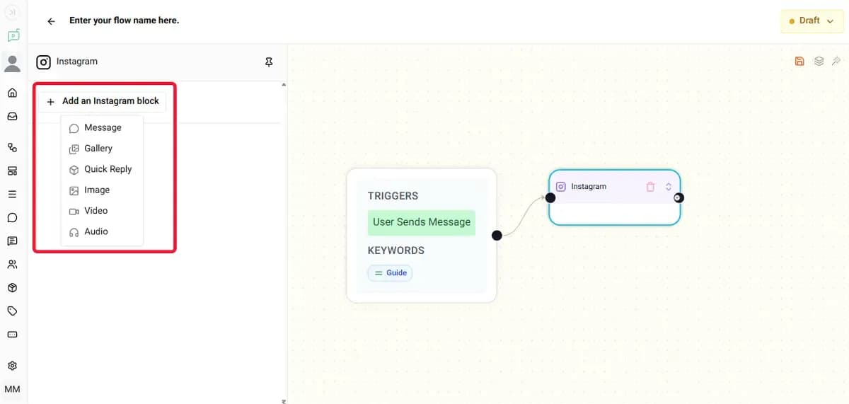 Seding text, image, vidoe, sound, gallery and buttons with Instagram Node