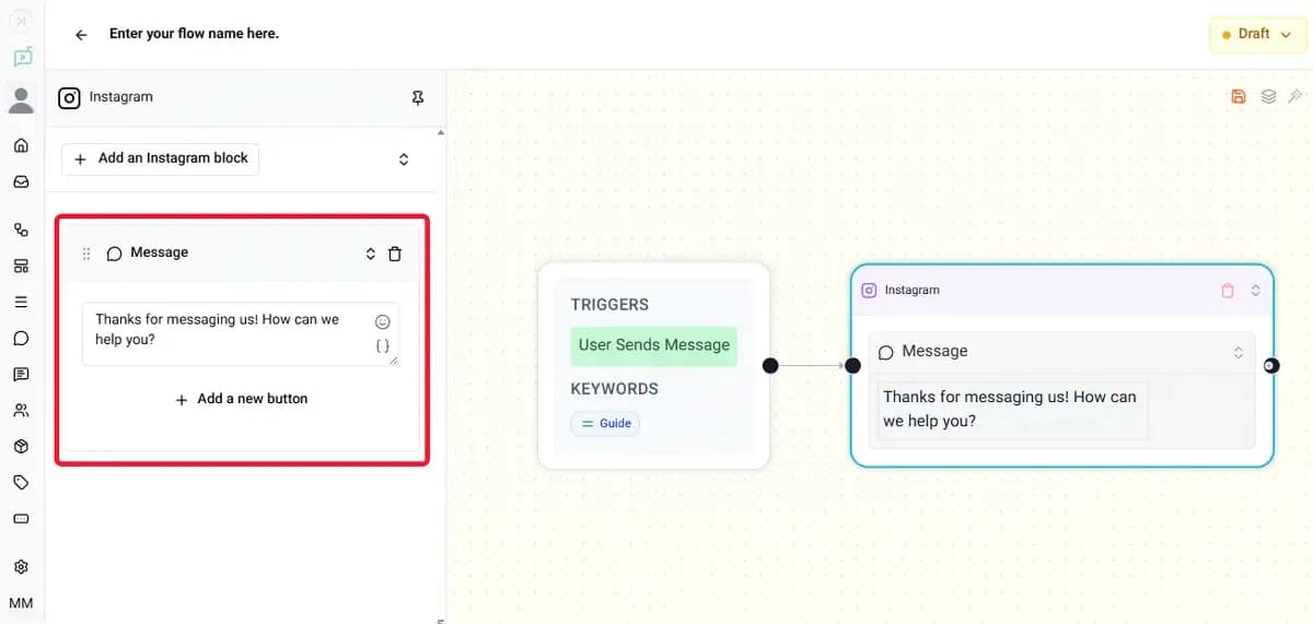 Writing a simple text message with Instagram node