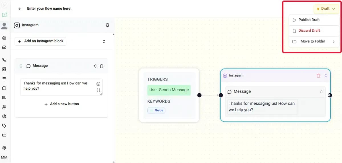 Publishing an Instagram automation flow to activate automated messaging