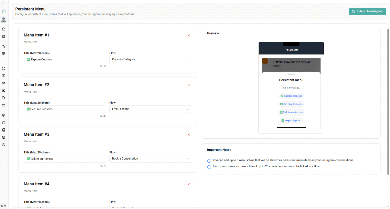 Persistent menu setup for Instagram Direct navigation and automated conversation access