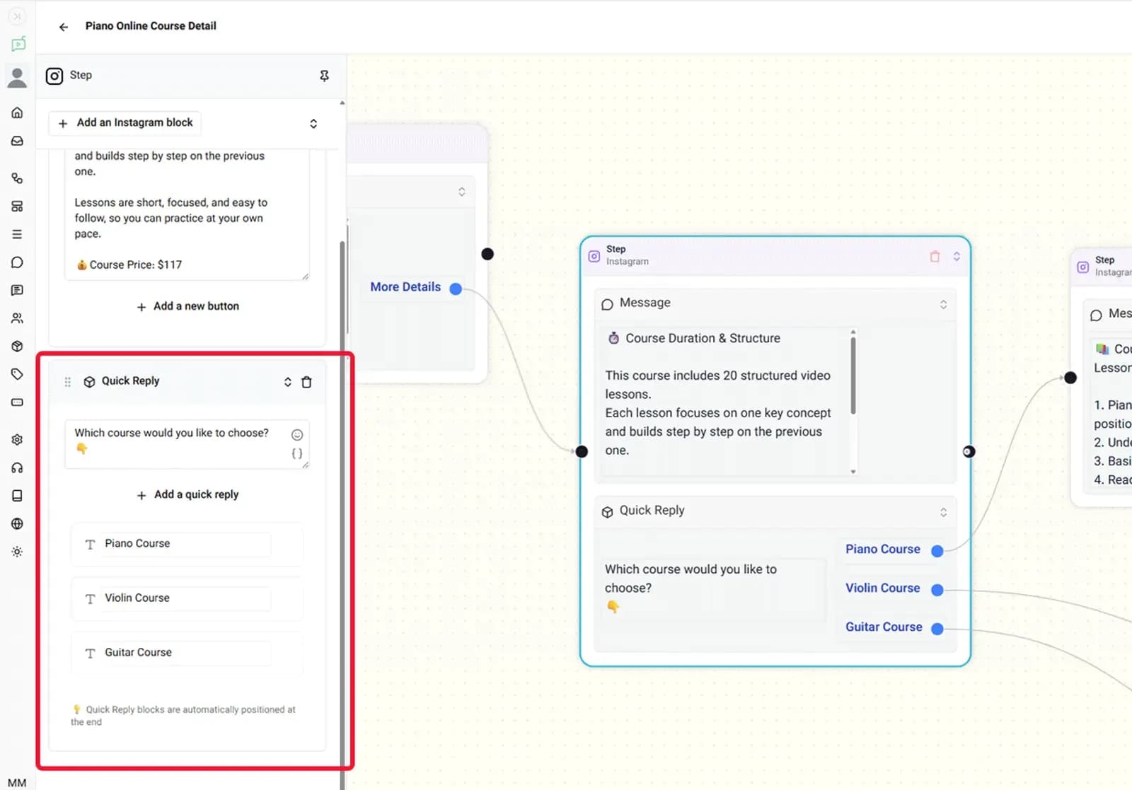 Quick Reply Block in an Instagram automation flow used to collect user choices