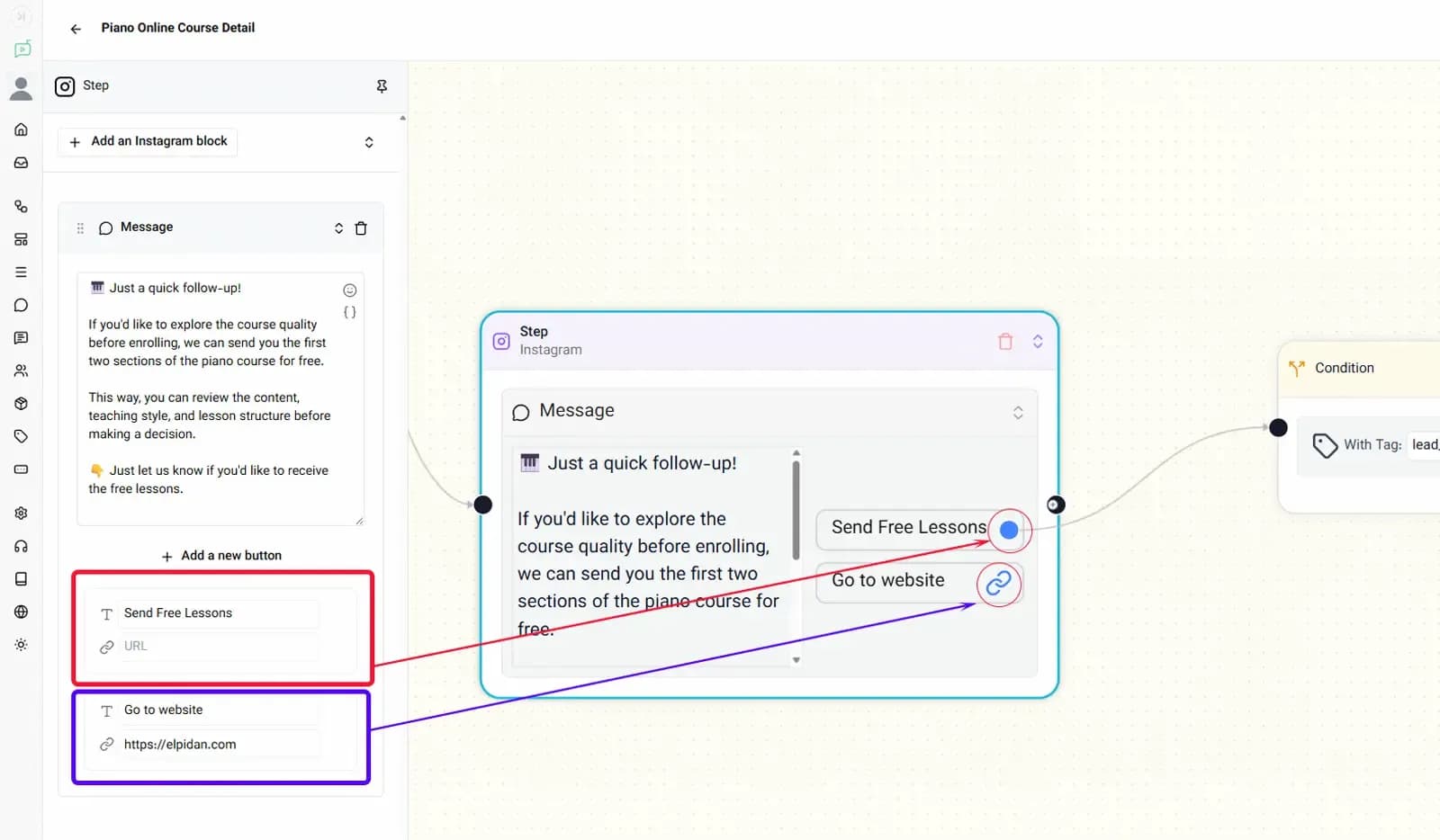 Instagram automation buttons in Elpidan Flow Builder used to continue a flow or open an external website