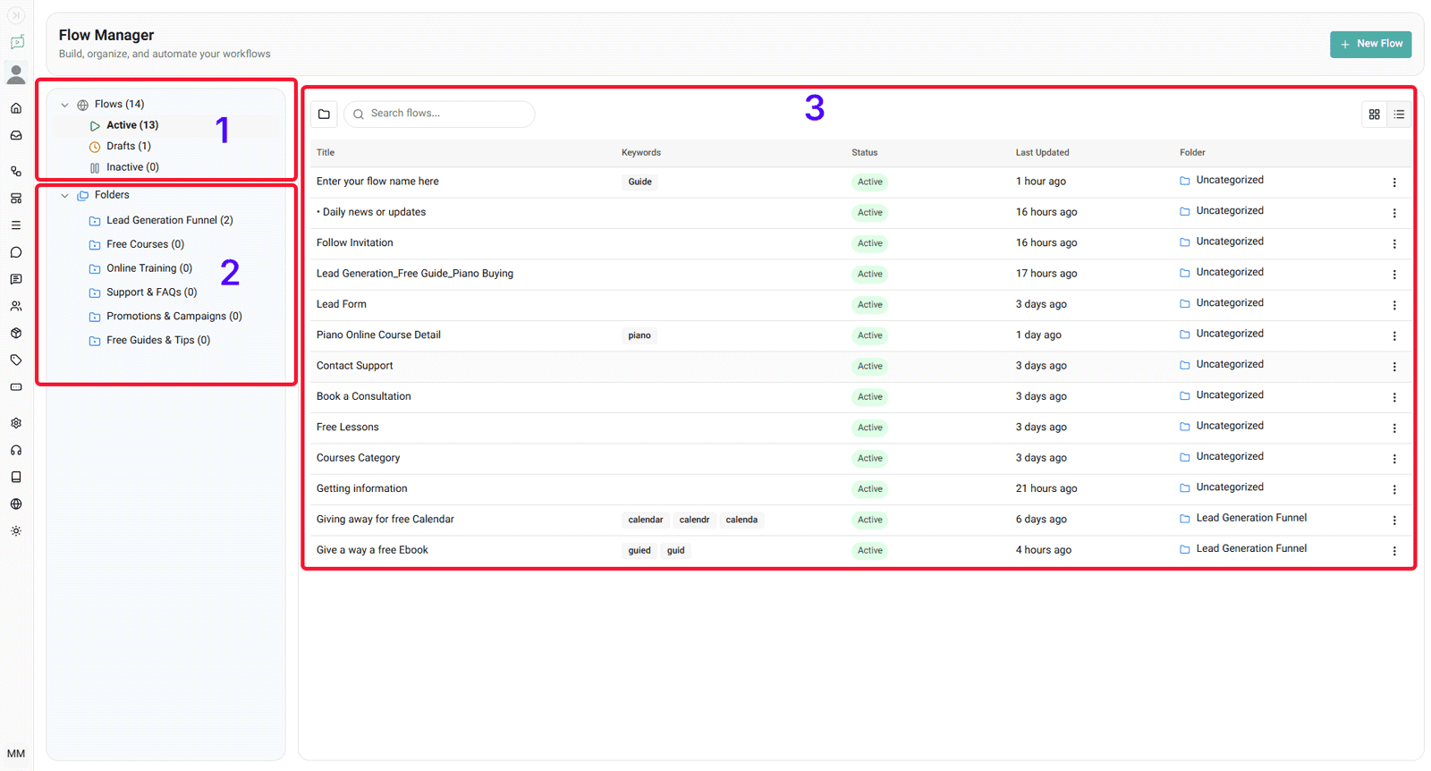 Instagram automation flow builder with organized workflows and visual flow management