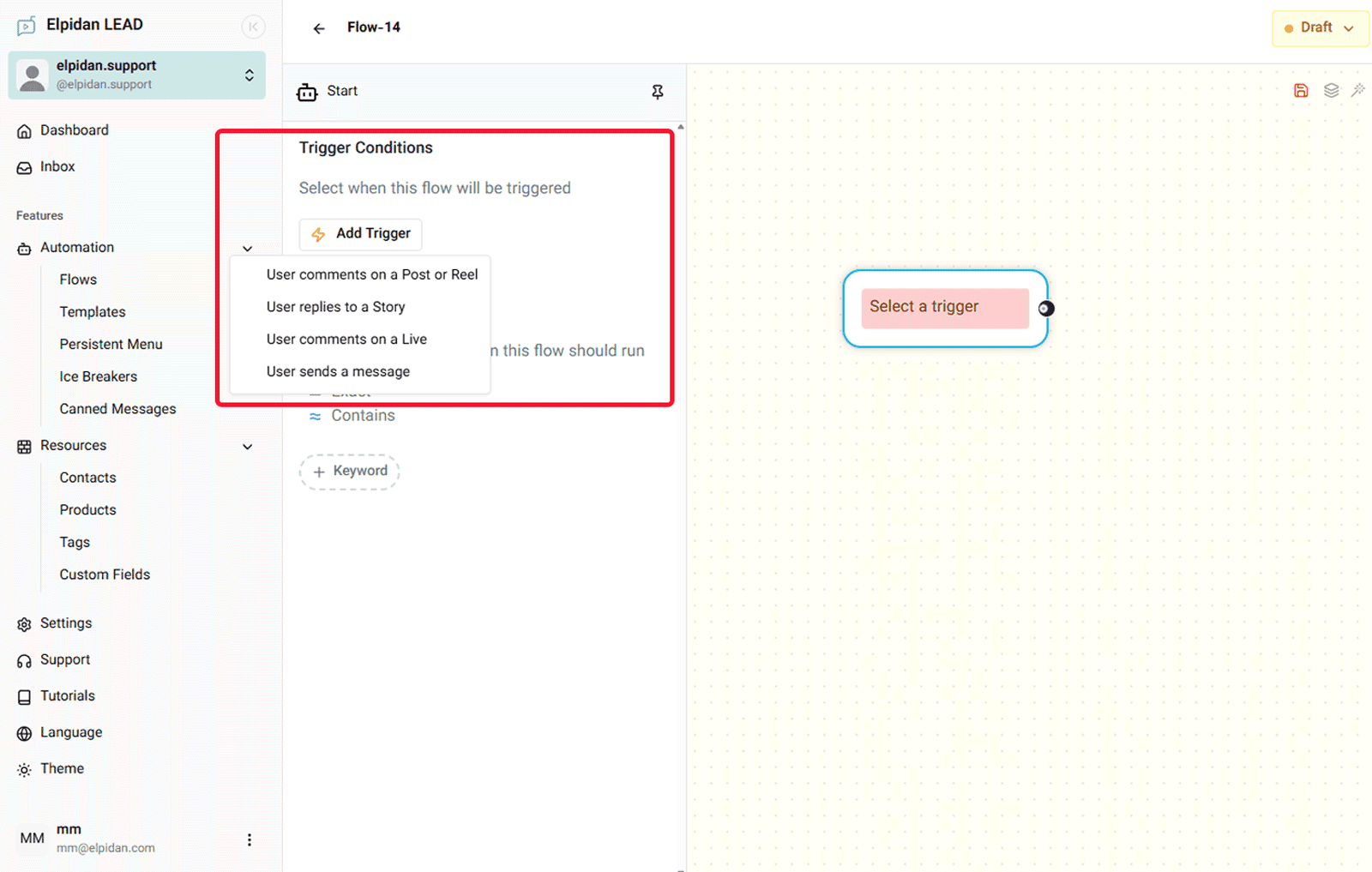 Instagram DM automation trigger setup in flow builder