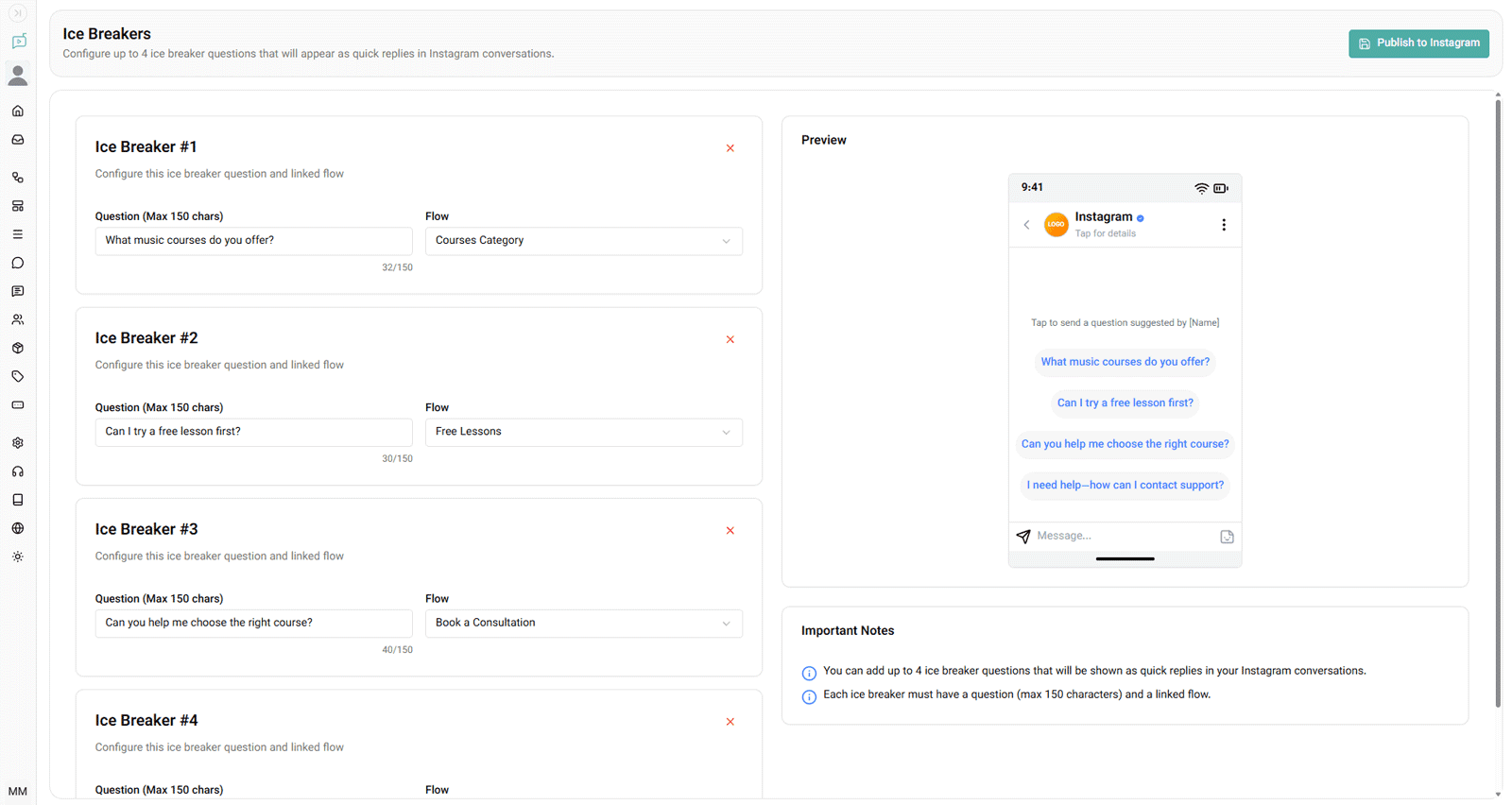 Instagram Ice Breakers for starting automated conversations and onboarding users