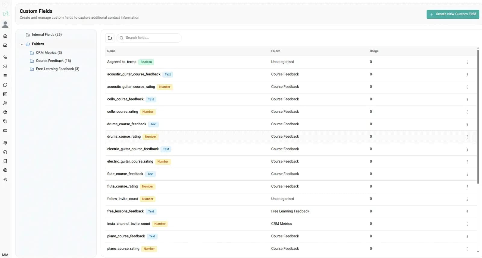 Instagram custom fields used to store lead data, customer information, and personalized automation variables