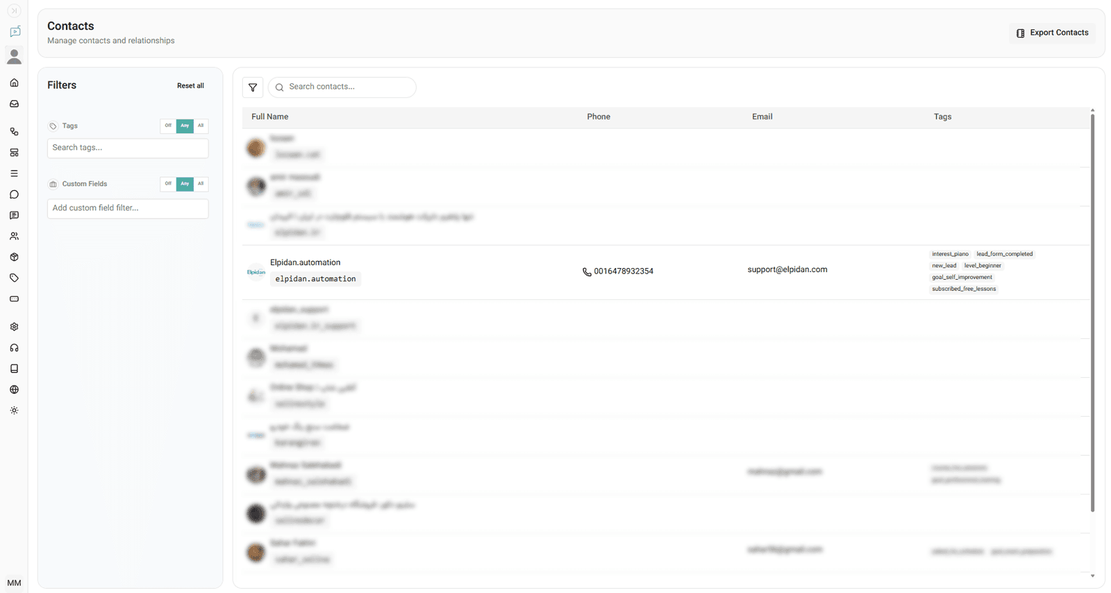 Instagram contact management and audience segmentation inside Elpidan automation platform