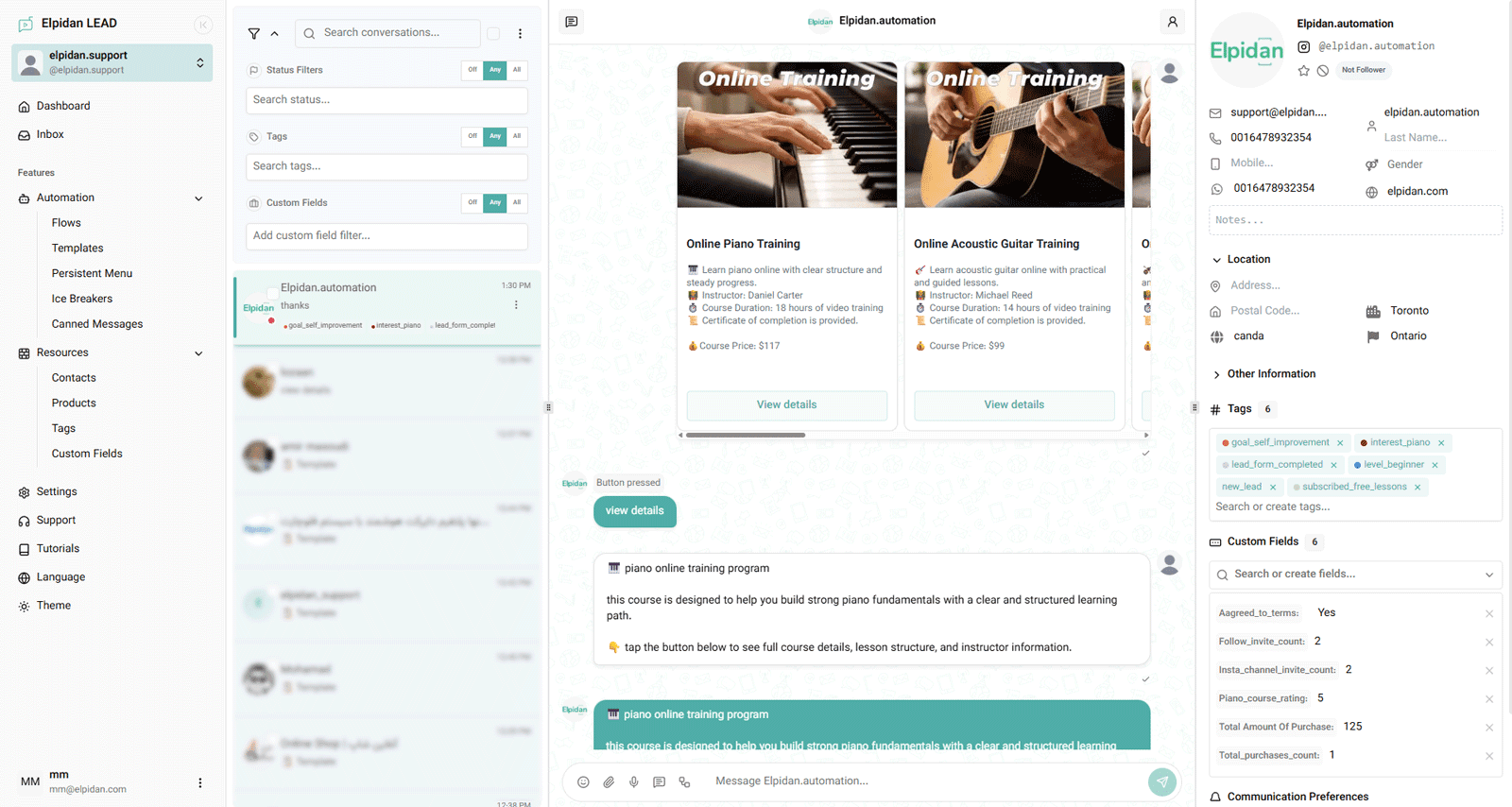 Instagram inbox management system for automated and manual customer conversations