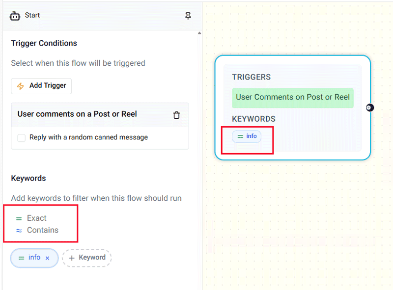 Instagram automation keyword trigger matching settings for flows