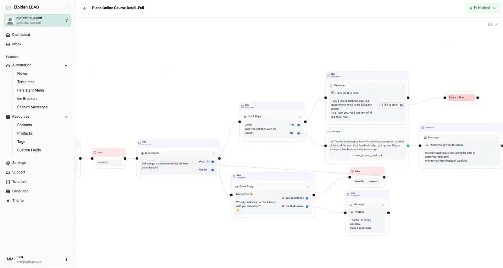 visual Instagram DM automation flow builder with multi-branch logic