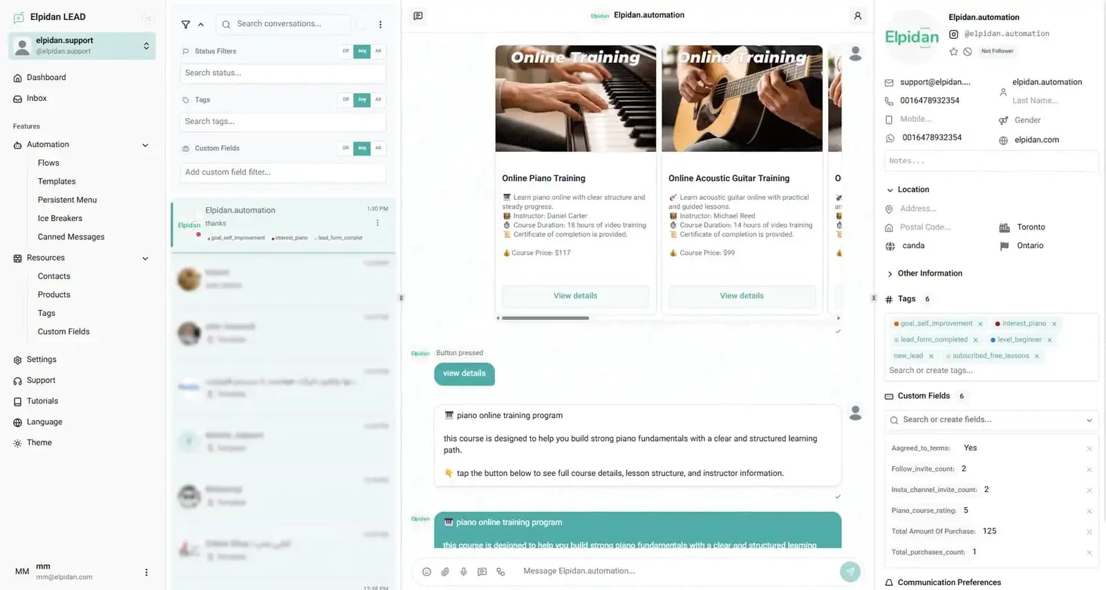 Instagram automation dashboard for managing messages and workflows