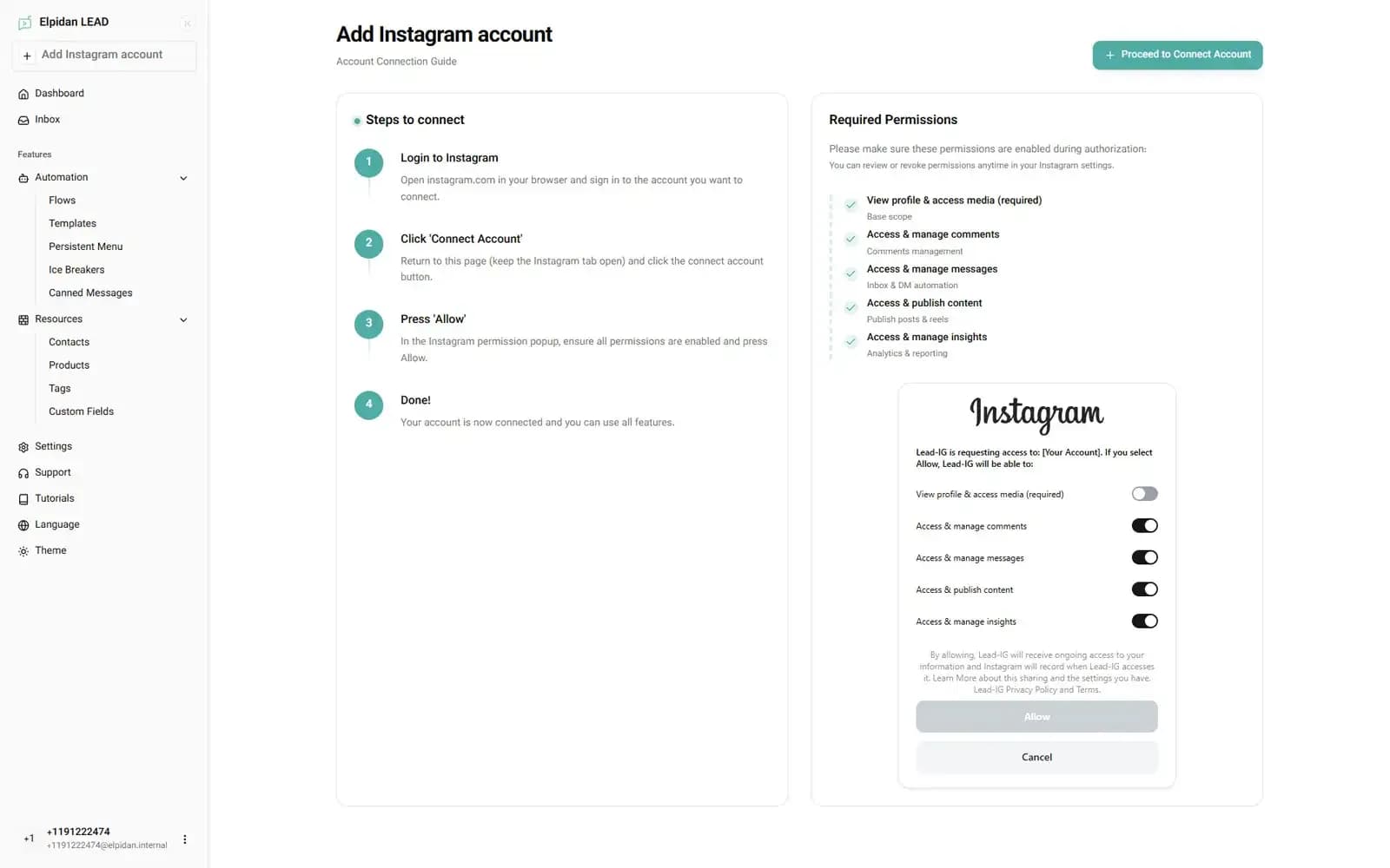 connect Instagram business account to automation platform
