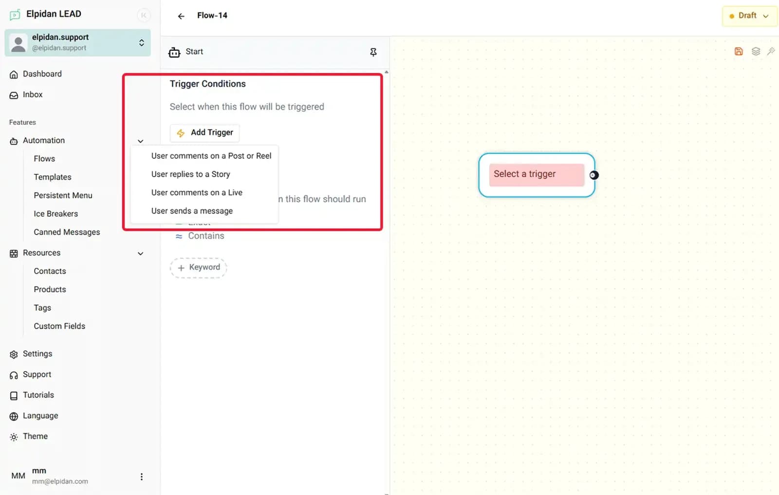 Instagram automation trigger setup for DM automation and lead generation funnel