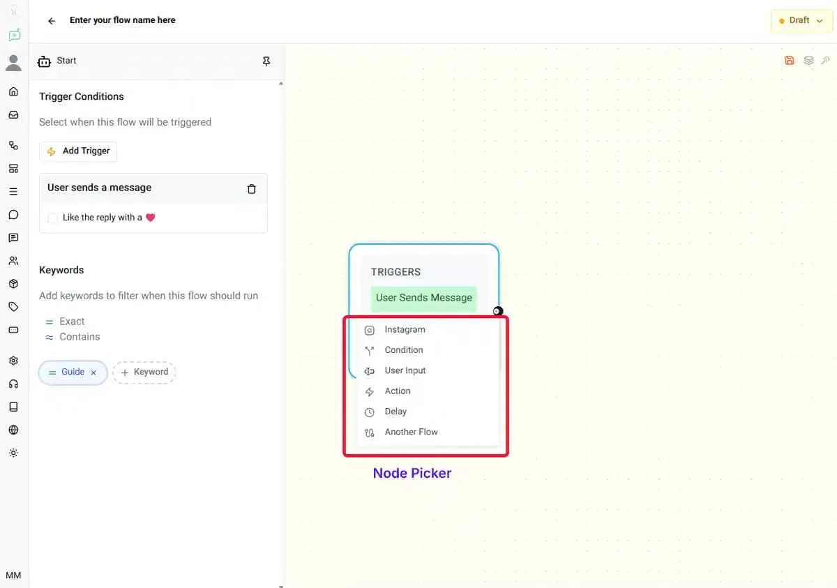 connecting workflow nodes in Instagram messaging automation builder