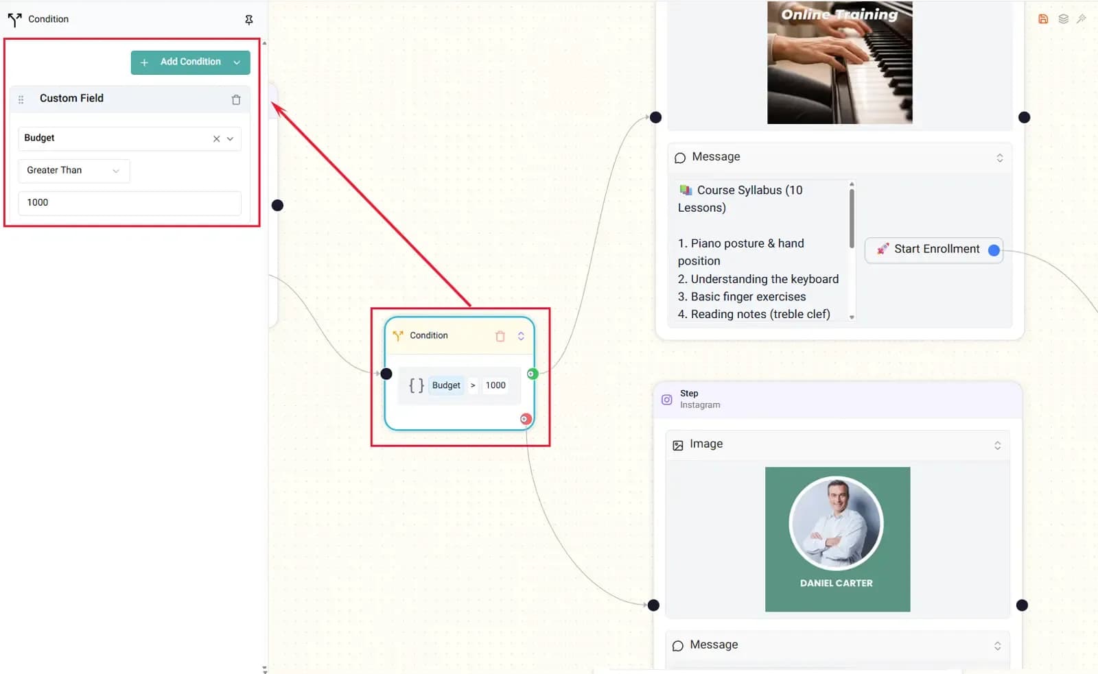 Instagram Action Node updating custom fields for lead qualification and customer data management