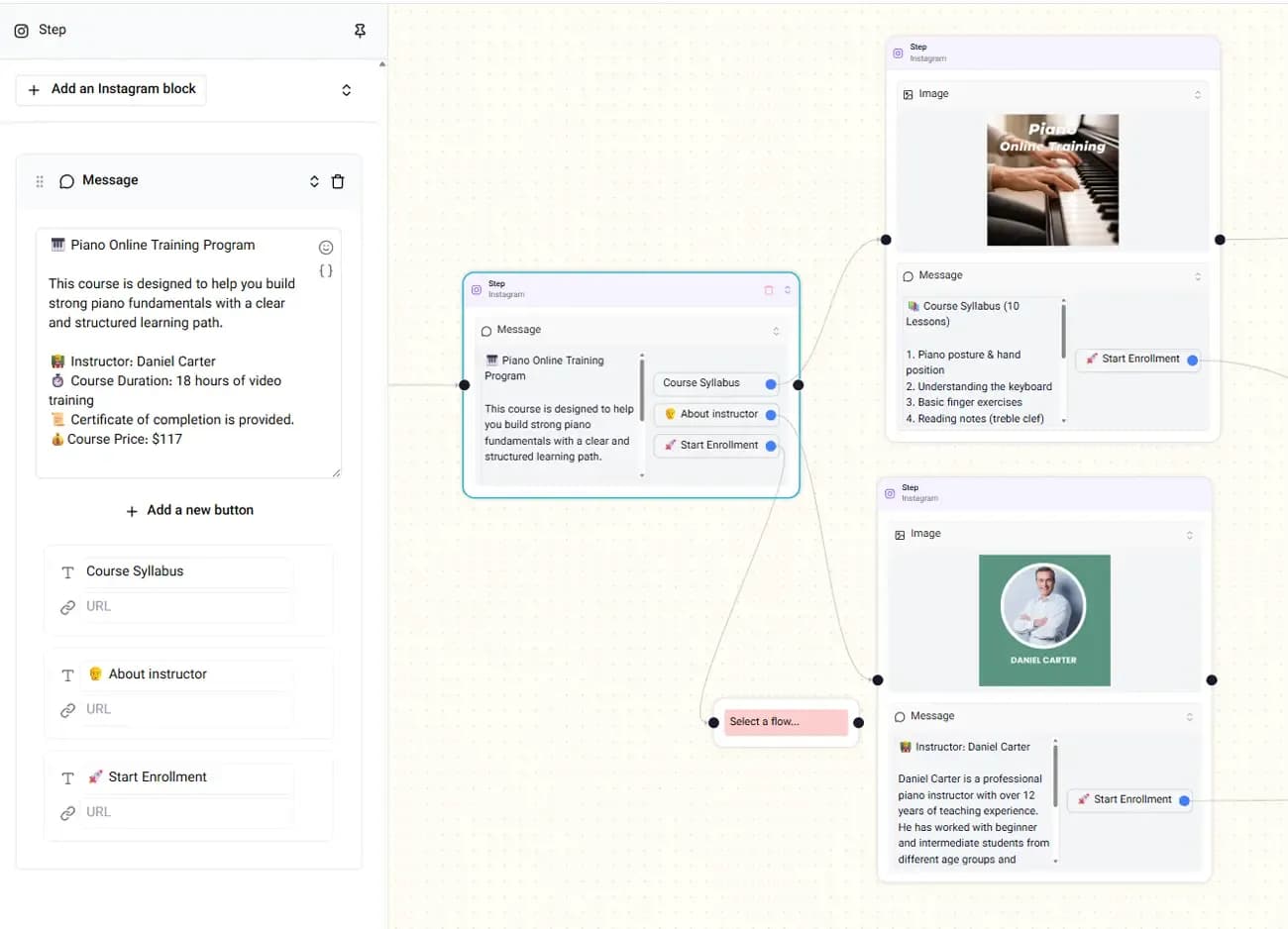Instagram automation flow using buttons to route users to pricing, support, booking, and external destinations