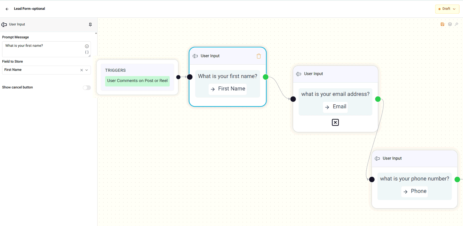 Collect user data inside instagram DMs automation