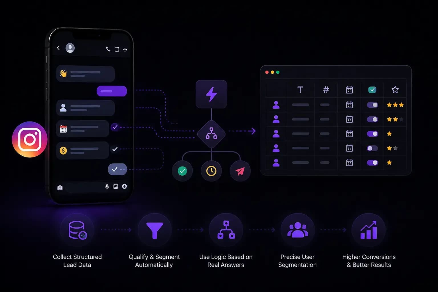Instagram lead generation automation dashboard with customer data fields and DM funnel flows