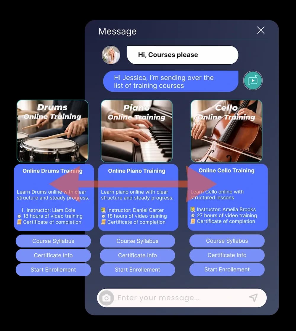 Instagram DM automated conversation with product cards and quick replies