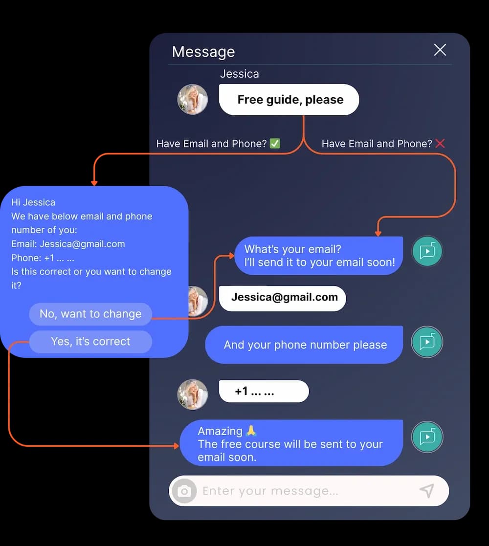 Automatically capture emails, phone numbers, and custom data from Instagram DMs using messaging automation for segmentation and lead generation