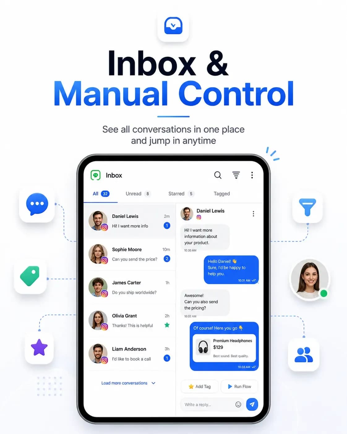 Smart Instagram DM inbox showing conversation history, tags, custom fields, and customer context for manual follow-up and team collaboration.