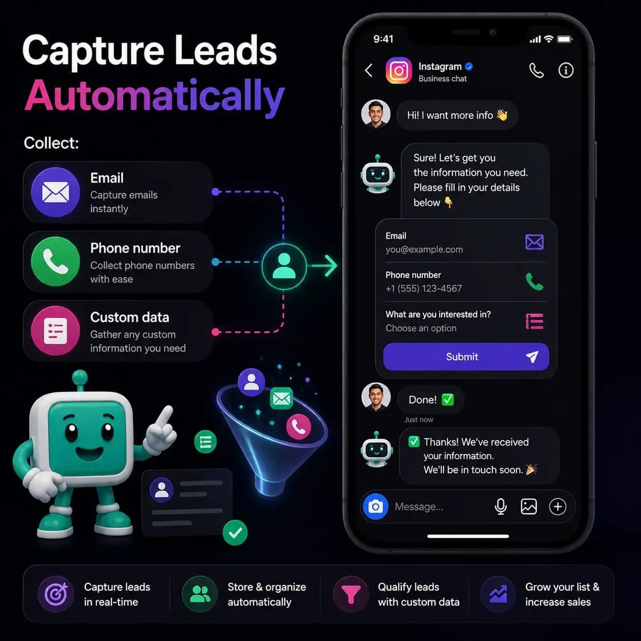 Instagram lead generation funnel using automated DMs to capture and qualify potential customers