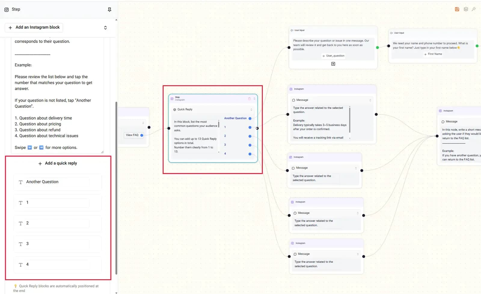 Instagram Quick Reply automation flow creating structured decision paths for users
